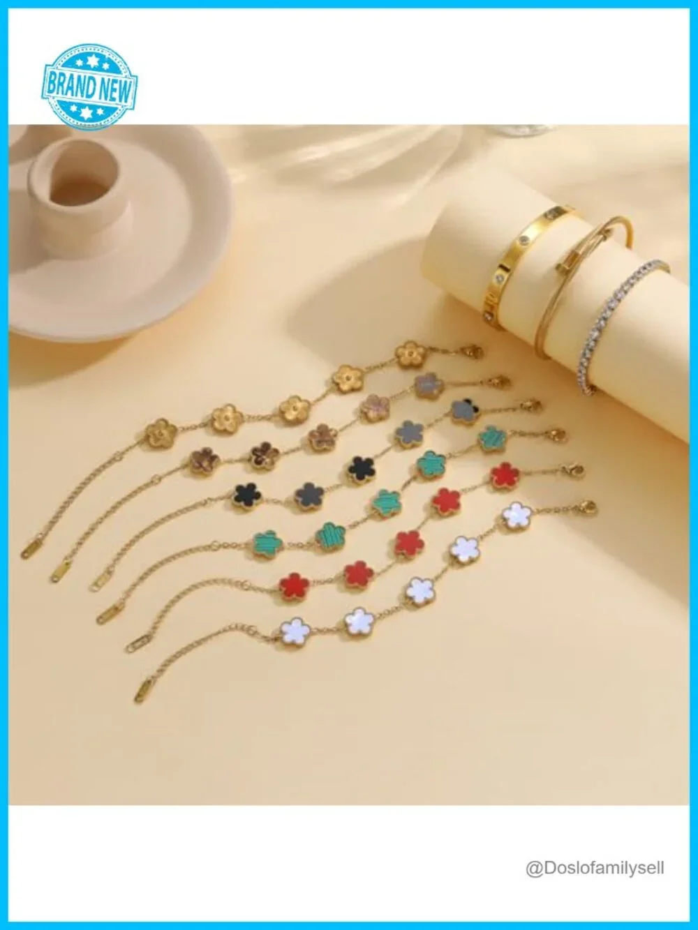 4 Piece Gold Plated Stackable Bangle Bracelet Set Floral Clover Chain Tennis